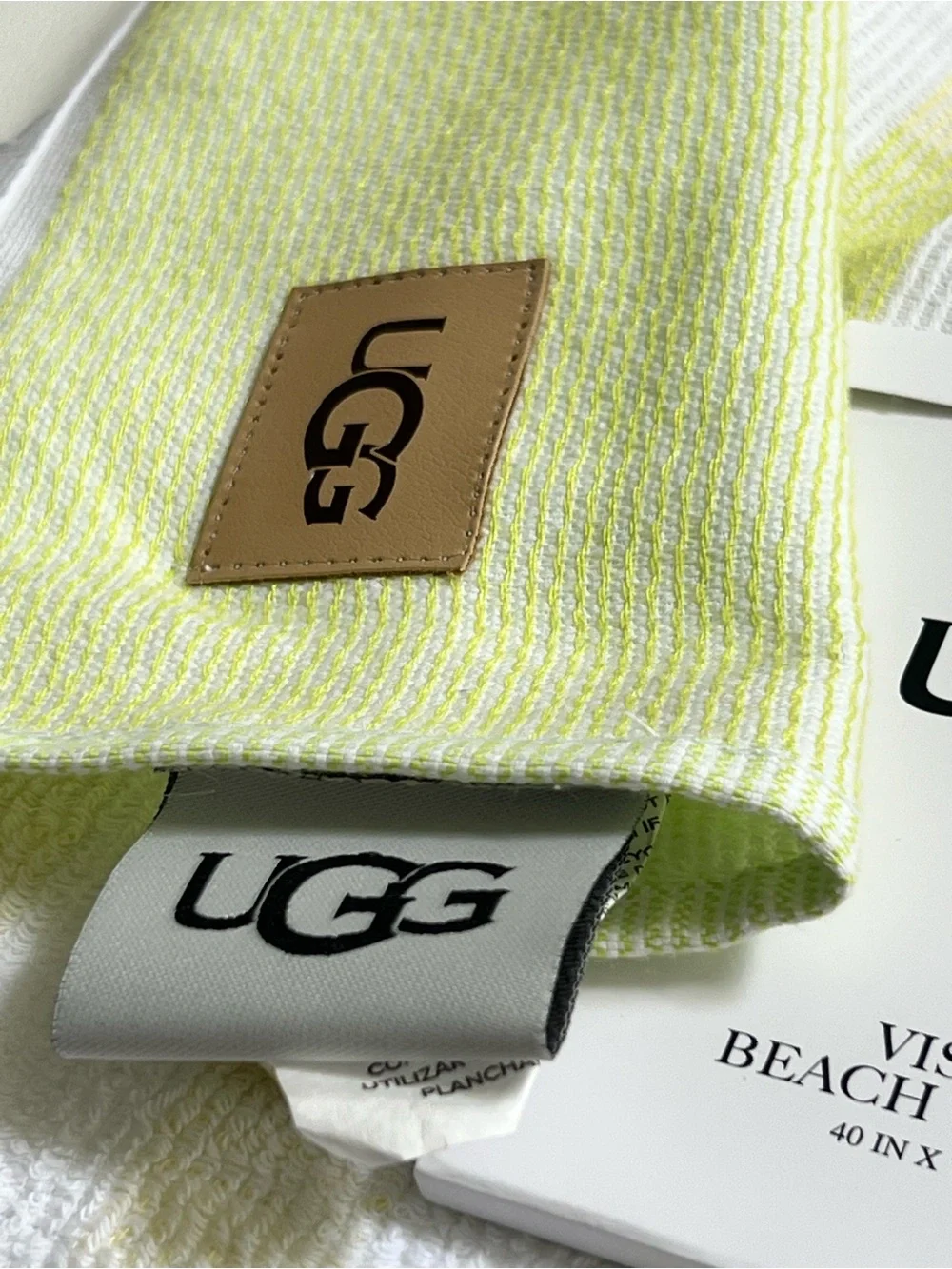 UGG Striped Beach Towel - White & Light Lime 40” X 72” NEW!!